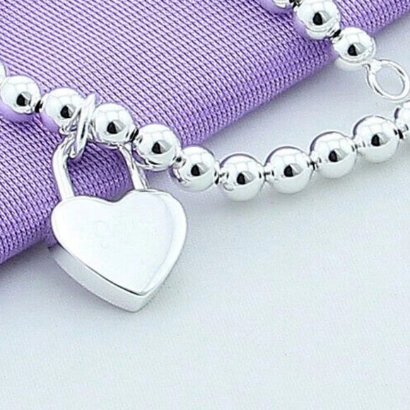 925 Sterling Silver Heart Lock Bead Bracelet 7'' long lobster closure - Picture 3 of 6